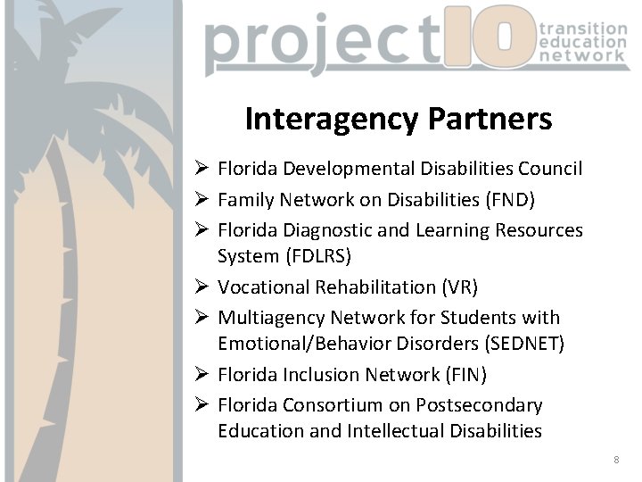 Interagency Partners Ø Florida Developmental Disabilities Council Ø Family Network on Disabilities (FND) Ø