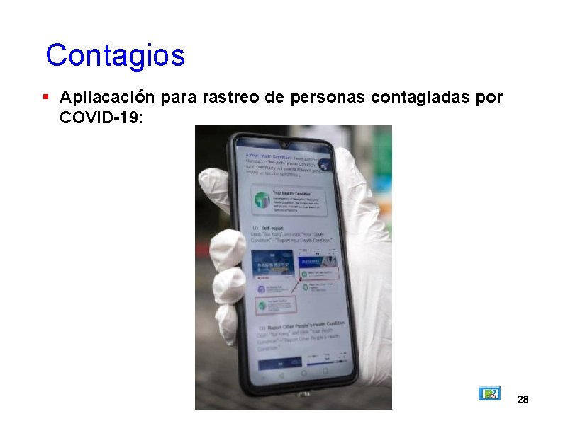 Contagios Apliacación para rastreo de personas contagiadas por COVID-19: 28 