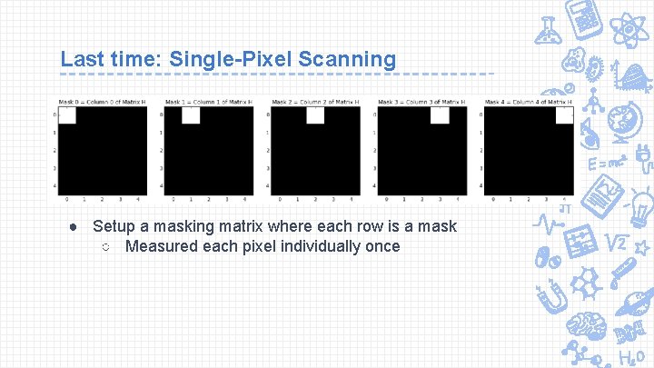 Last time: Single-Pixel Scanning ● Setup a masking matrix where each row is a