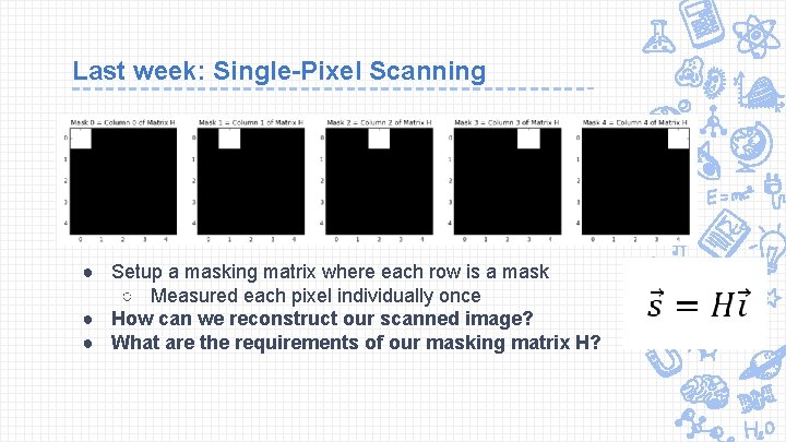 Last week: Single-Pixel Scanning ● Setup a masking matrix where each row is a
