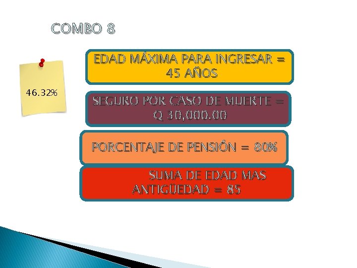 COMBO 8 EDAD MÁXIMA PARA INGRESAR = 45 AÑOS 46. 32% SEGURO POR CASO