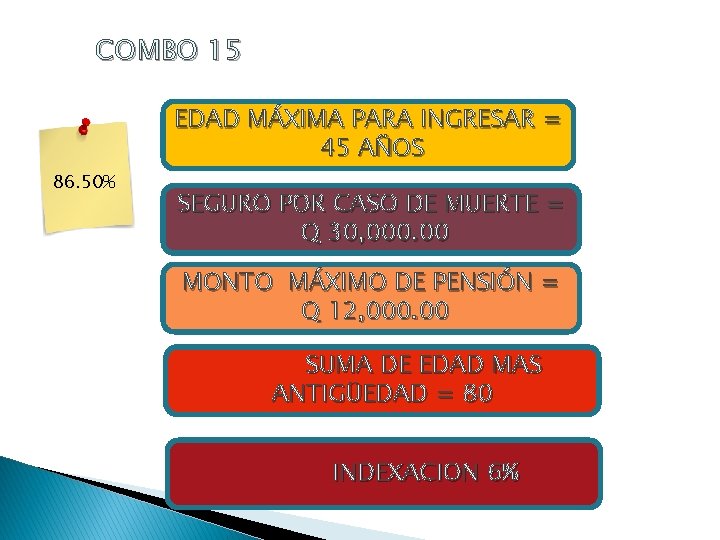 COMBO 15 EDAD MÁXIMA PARA INGRESAR = 45 AÑOS 86. 50% SEGURO POR CASO