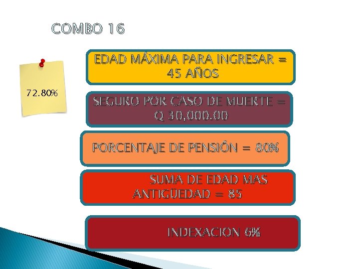 COMBO 16 EDAD MÁXIMA PARA INGRESAR = 45 AÑOS 72. 80% SEGURO POR CASO