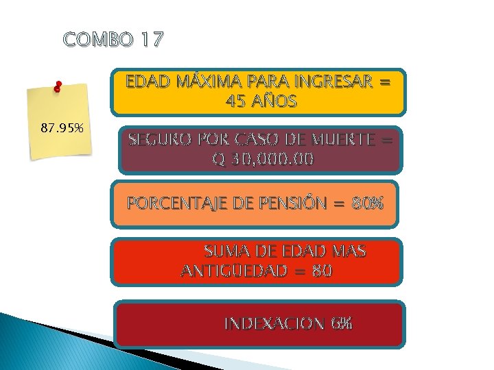 COMBO 17 EDAD MÁXIMA PARA INGRESAR = 45 AÑOS 87. 95% SEGURO POR CASO