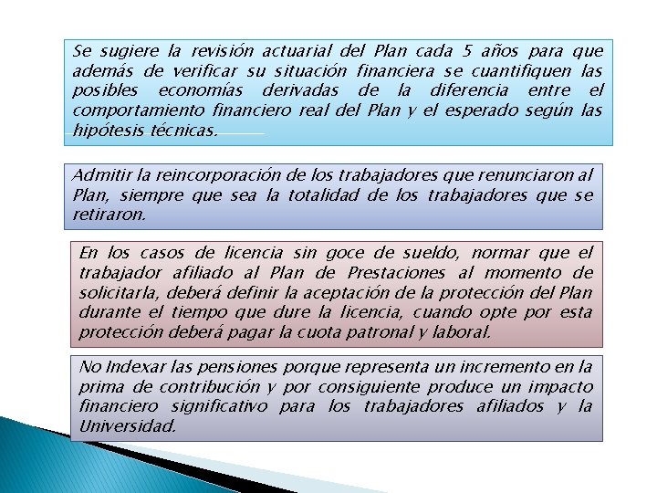 Se sugiere la revisión actuarial del Plan cada 5 años para que además de