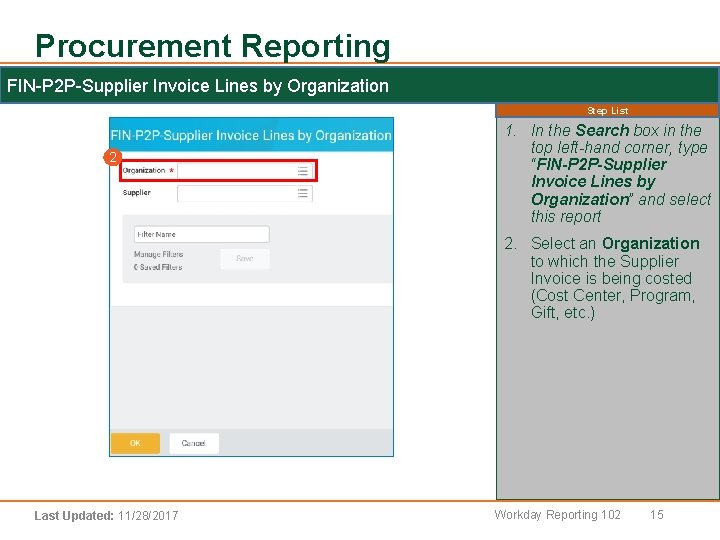 Procurement Reporting FIN-P 2 P-Supplier Invoice Lines by Organization 2 Step List 1. In