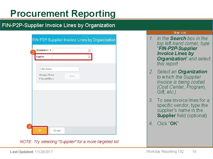 Procurement Reporting FIN-P 2 P-Supplier Invoice Lines by Organization 3 Step List 1. In