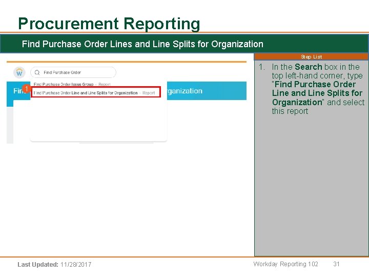 Procurement Reporting Find Purchase Order Lines and Line Splits for Organization 1 Last Updated: