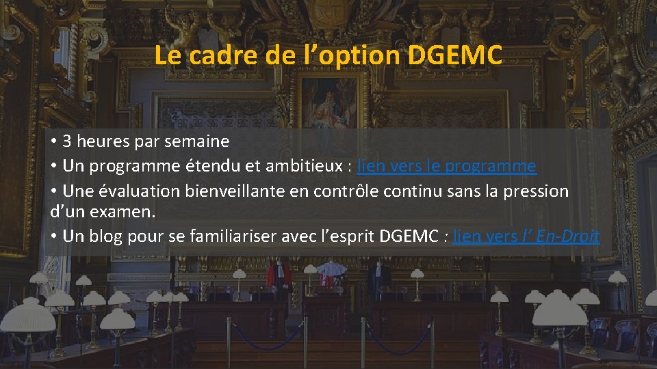 Le cadre de l’option DGEMC • 3 heures par semaine • Un programme étendu