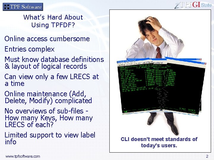 Suite What’s Hard About Using TPFDF? Online access cumbersome Entries complex Must know database
