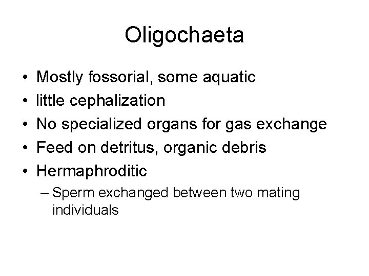 Oligochaeta • • • Mostly fossorial, some aquatic little cephalization No specialized organs for