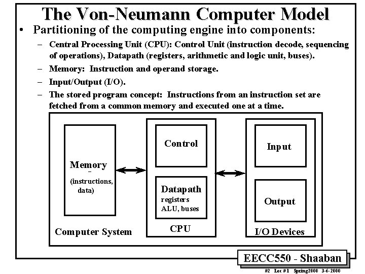 The Von-Neumann Computer Model • Partitioning of the computing engine into components: – Central