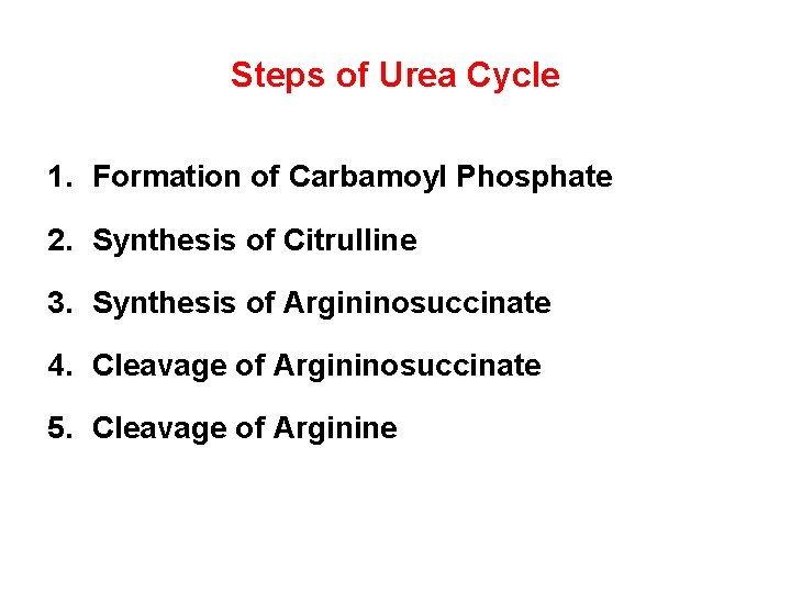 Steps of Urea Cycle 1. Formation of Carbamoyl Phosphate 2. Synthesis of Citrulline 3.