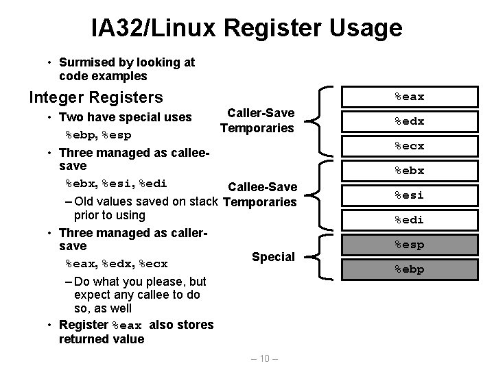 IA 32/Linux Register Usage • Surmised by looking at code examples Integer Registers %eax