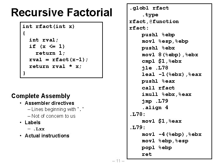 Recursive Factorial int rfact(int x) { int rval; if (x <= 1) return 1;