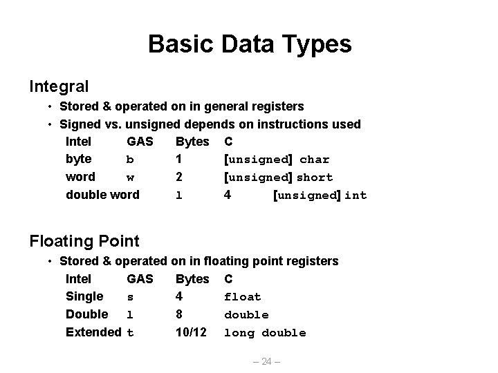 Basic Data Types Integral • Stored & operated on in general registers • Signed