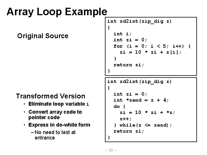 Array Loop Example Original Source Transformed Version • Eliminate loop variable i • Convert