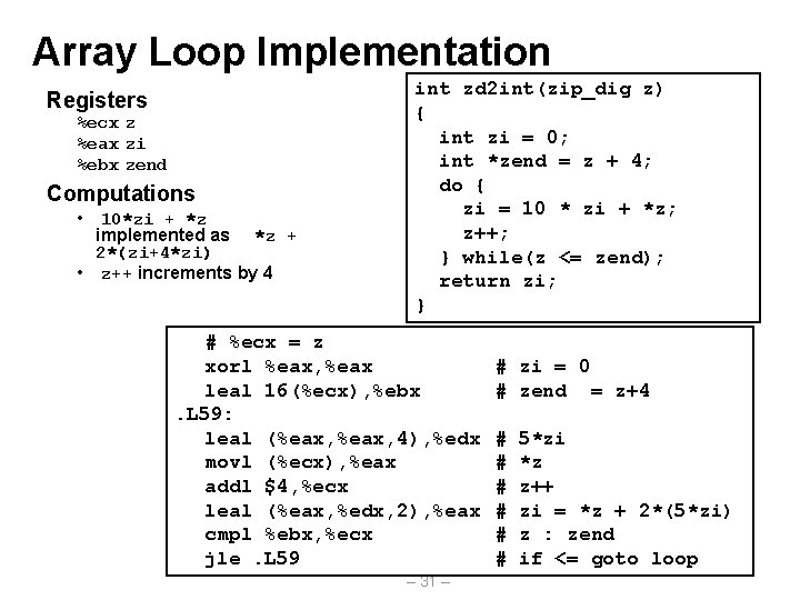 Array Loop Implementation Registers %ecx z %eax zi %ebx zend Computations • 10*zi +