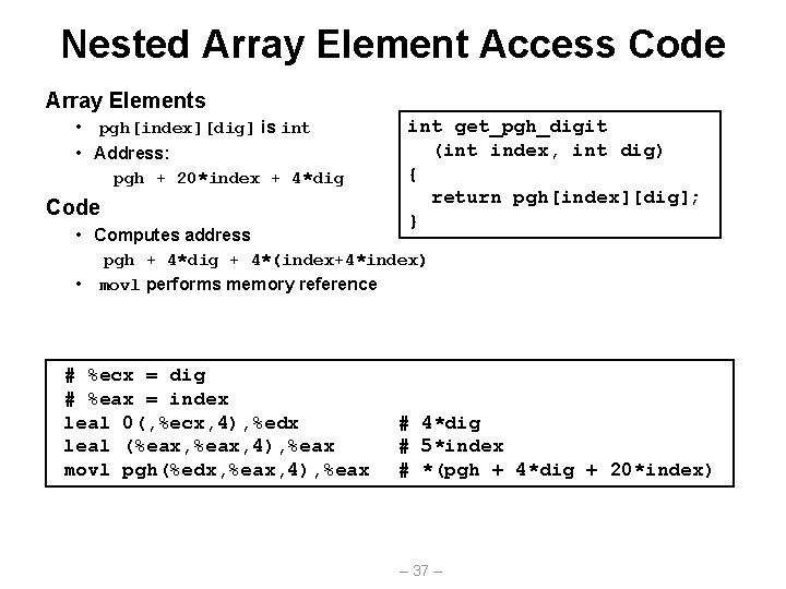 Nested Array Element Access Code Array Elements • pgh[index][dig] is int • Address: pgh