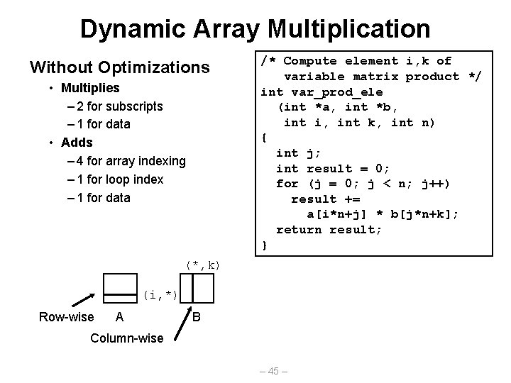 Dynamic Array Multiplication Without Optimizations • Multiplies – 2 for subscripts – 1 for