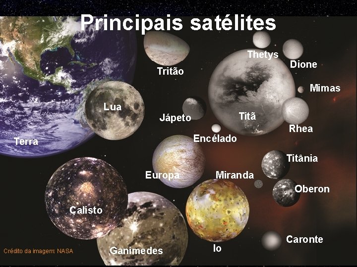 Principais satélites Thetys Tritão Dione Mimas Lua Titã Jápeto Encélado Terra Rhea Titânia Europa