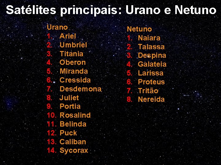 Satélites principais: Urano e Netuno Urano 1. Ariel 2. Umbriel 3. Titania 4. Oberon
