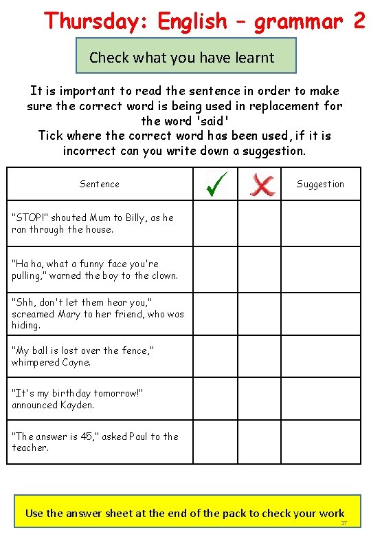 Thursday: English – grammar 2 Check what you have learnt It is important to