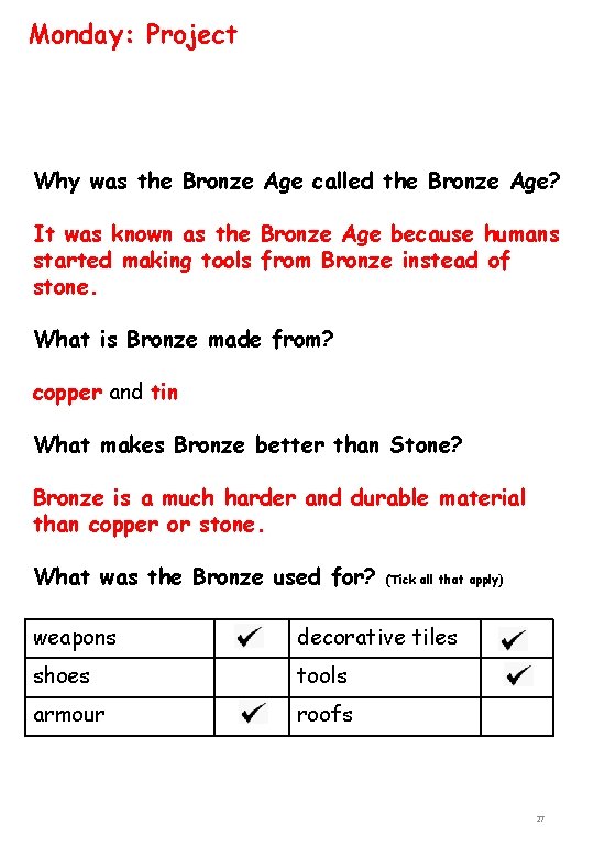 Monday: Project Why was the Bronze Age called the Bronze Age? It was known