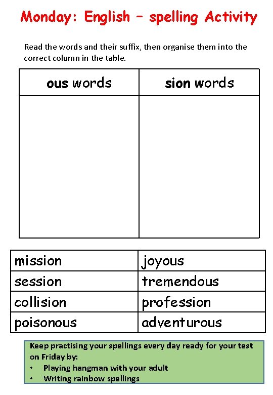 Monday: English – spelling Activity Read the words and their suffix, then organise them