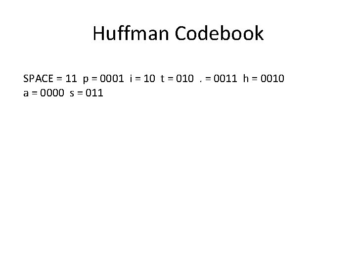 Huffman Codebook SPACE = 11 p = 0001 i = 10 t = 010.