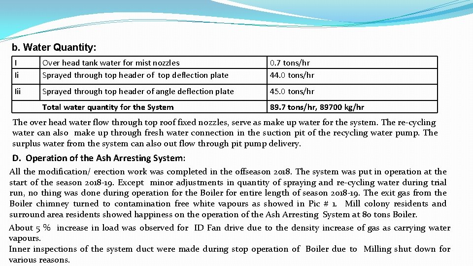 b. Water Quantity: I Ii Over head tank water for mist nozzles Sprayed through