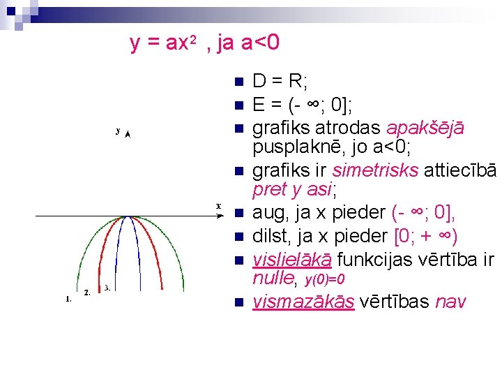 y = ax 2 , ja a<0 n n n n D = R;