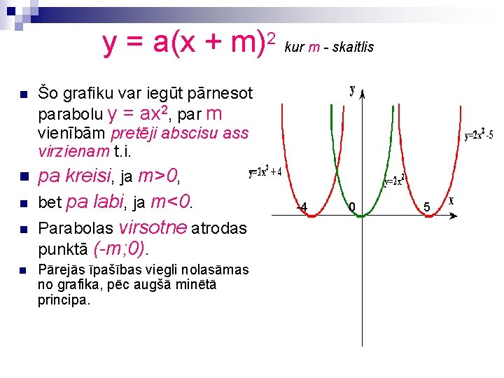 y = a(x + m)2 kur m - skaitlis n Šo grafiku var iegūt