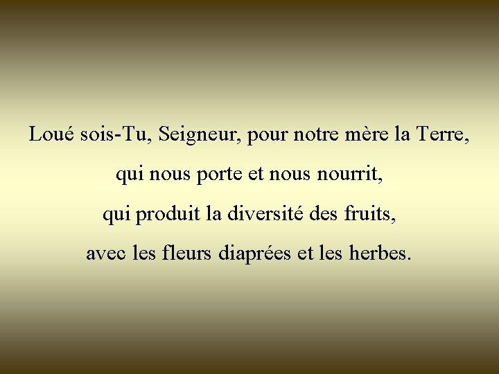 Loué sois-Tu, Seigneur, pour notre mère la Terre, qui nous porte et nous nourrit,
