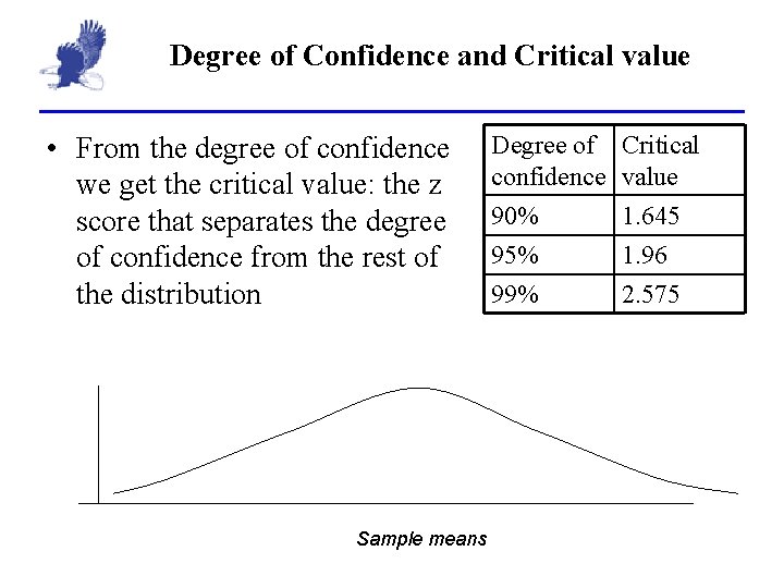 Degree of Confidence and Critical value • From the degree of confidence we get