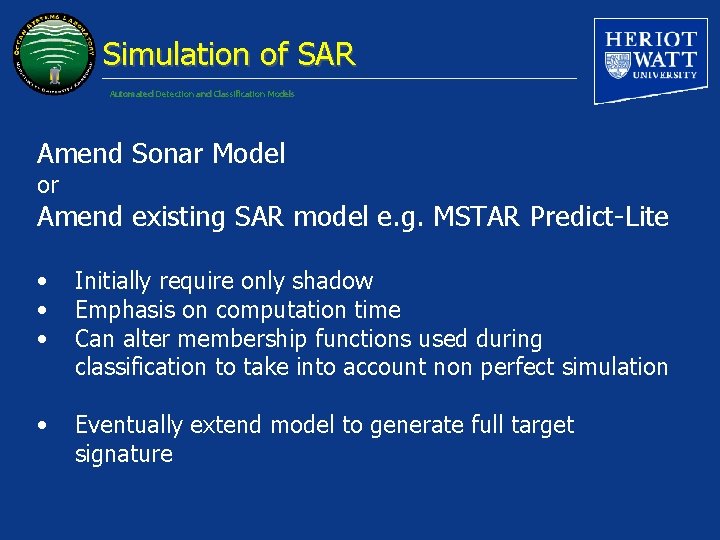 Simulation of SAR Automated Detection and Classification Models Amend Sonar Model or Amend existing