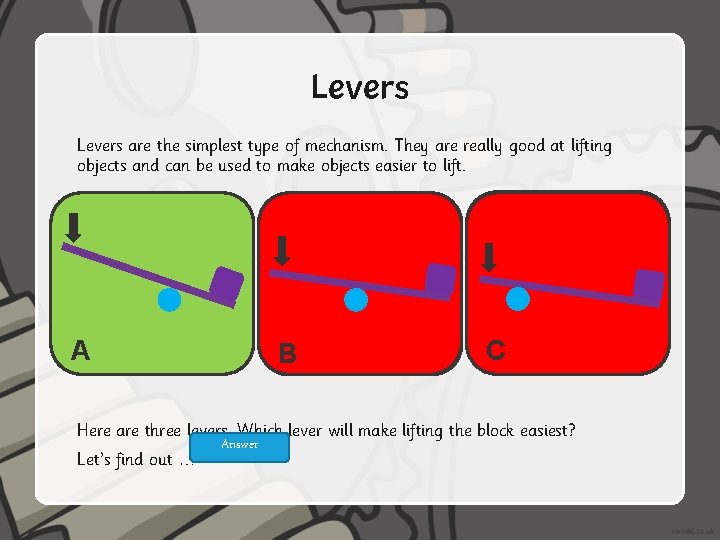 Levers are the simplest type of mechanism. They are really good at lifting objects
