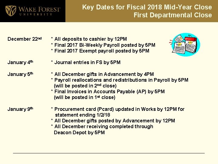 Key Dates for Fiscal 2018 Mid-Year Close First Departmental Close December 22 nd *
