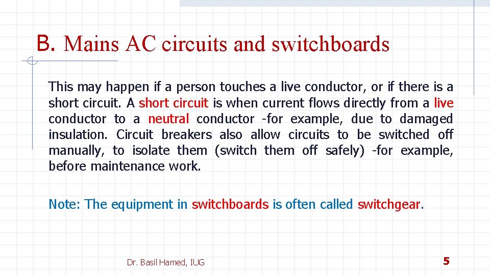 Example Ac Switchboard Unit 45 Circuits and components Dr Basil Hamed