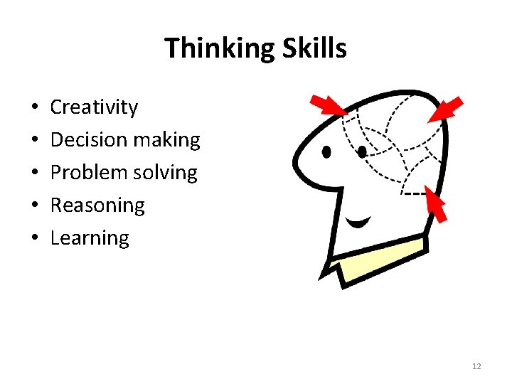 Thinking Skills • • • Creativity Decision making Problem solving Reasoning Learning 12 