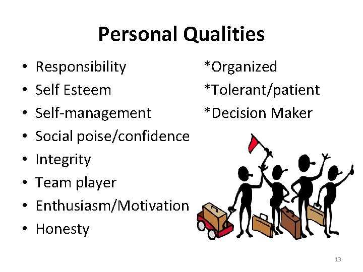 Personal Qualities • • Responsibility *Organized Self Esteem *Tolerant/patient Self-management *Decision Maker Social poise/confidence