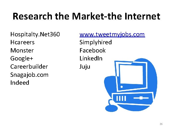 Research the Market-the Internet Hospitalty. Net 360 Hcareers Monster Google+ Careerbuilder Snagajob. com Indeed