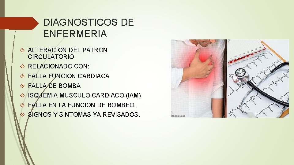 DIAGNOSTICOS DE ENFERMERIA ALTERACION DEL PATRON CIRCULATORIO RELACIONADO CON: FALLA FUNCION CARDIACA FALLA DE