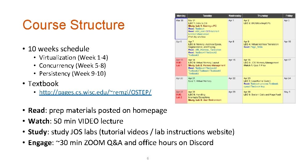 Course Structure • 10 weeks schedule • Virtualization (Week 1 -4) • Concurrency (Week