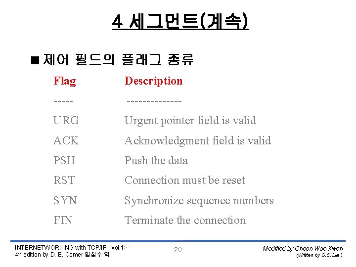 4 세그먼트(계속) <제어 필드의 플래그 종류 Flag Description ---------- URG Urgent pointer field is