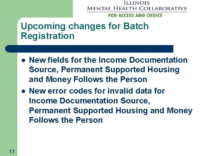 Upcoming changes for Batch Registration l l 11 New fields for the Income Documentation