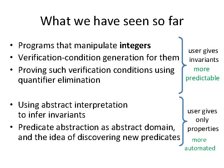 What we have seen so far • Programs that manipulate integers • Verification-condition generation