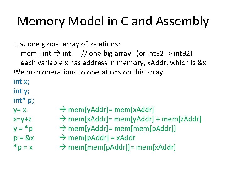 Memory Model in C and Assembly Just one global array of locations: mem :