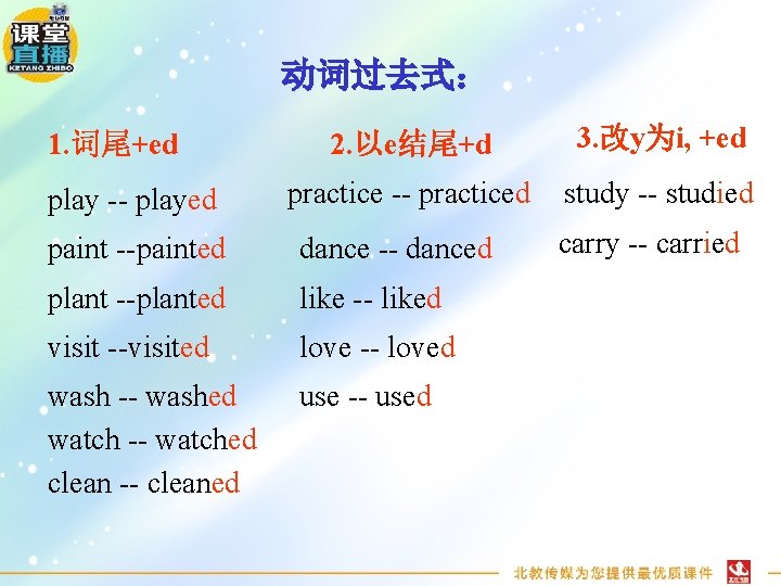 动词过去式： 1. 词尾+ed play -- played 2. 以e结尾+d 3. 改y为i, +ed practice -- practiced