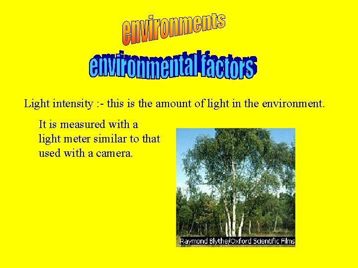 Light intensity : - this is the amount of light in the environment. It